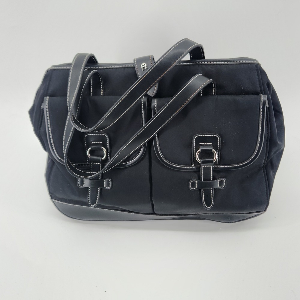 Etienne Aigner Black Nylon Satchel Purse Pink Lining Shoulder Bag 13x11